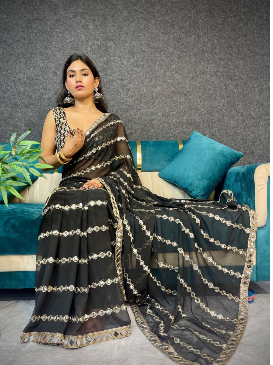 : pure georgette saree with original mirror and embroidery work with mirror blouse … - Image 2