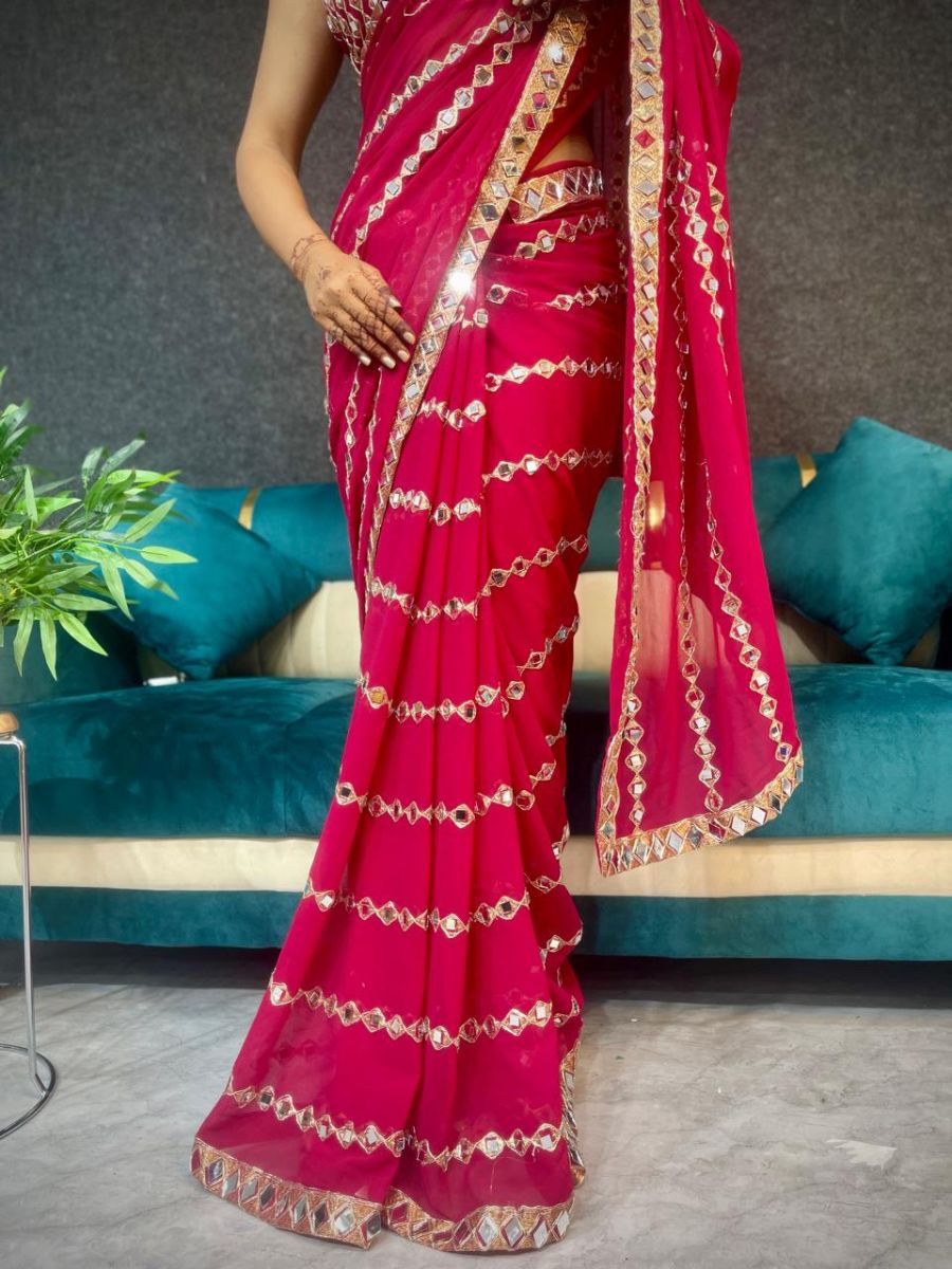 : pure georgette saree with original mirror and embroidery work with mirror blouse … - Image 4