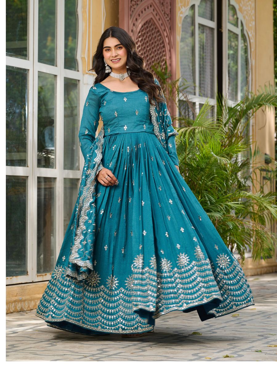 pure Vichitra silk Anarkali kurta Heavy 3mm sequence Embroidery Work - Image 2