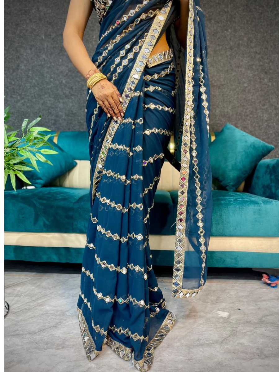 : pure georgette saree with original mirror and embroidery work with mirror blouse …