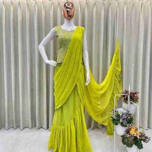 NEW READY TO WEAR LEHENGA SAREE WITH SLEEVLESS  BLOUSE WITH BACK PATTERN AND SEQUENCE EMBROIDERY WORK