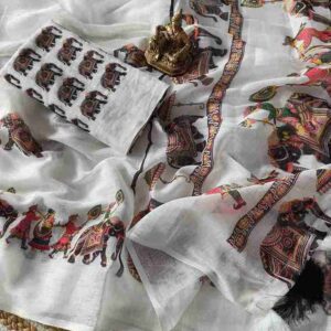 Heavy linen blooming saree elephant digital print on allover saree attached with heavy motif Tussels with PERFECTLY MATCHED blouse piece and pallu