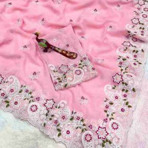 Pure Georgette Saree With Heavy Embroidery Work  Border With Arco Cutwork