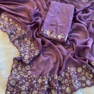 HEAVY SOFT CRUSH SILK FABRIC ON EMBRODIERY C-PALLU MULTI THREAD AND SEQUENCE WORK WITH CUT WORK BORDER ON SAREE