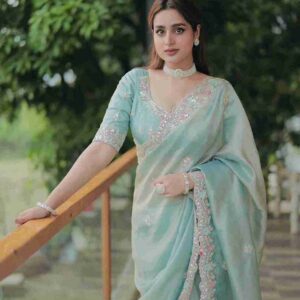 HEAVY SOFT FANDY SATIN SILK FABRIC ON HEAVY EMBROIDERY C-PALLU CODING & SEQUENCES WORK WITH CUT WORK BORDER ON SAREE