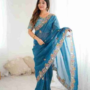 Sari Fabric: Premium Crunchy Silk With Heavy Embroidery Threads 🧵 Codding & Sequins Work