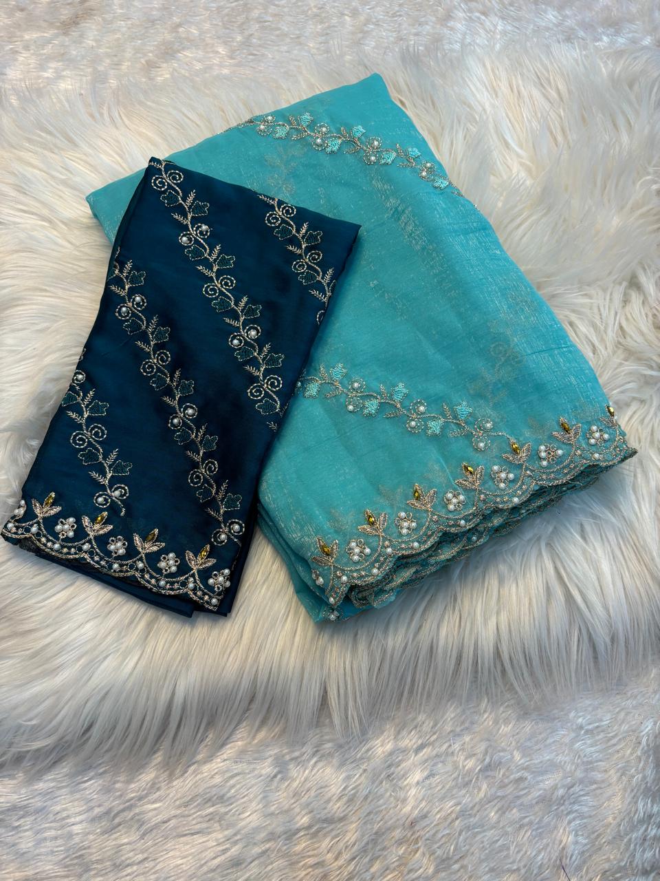Soft crunchy saree with embroidery work with ston work saree wit cut work finishing - Image 2
