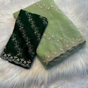 Soft crunchy saree with embroidery work with ston work saree wit cut work finishing