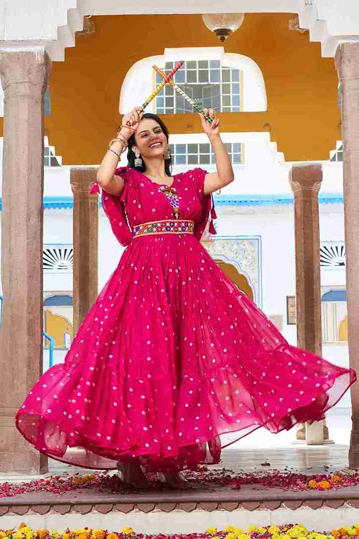 Vibrant Pink Georgette Navratri Garba Lehenga Dress with Mirror Work & Embroidered Belt – Festive Ethnic Wear for Women - Image 2