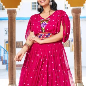 Vibrant Pink Georgette Navratri Garba Lehenga Dress with Mirror Work & Embroidered Belt – Festive Ethnic Wear for Women