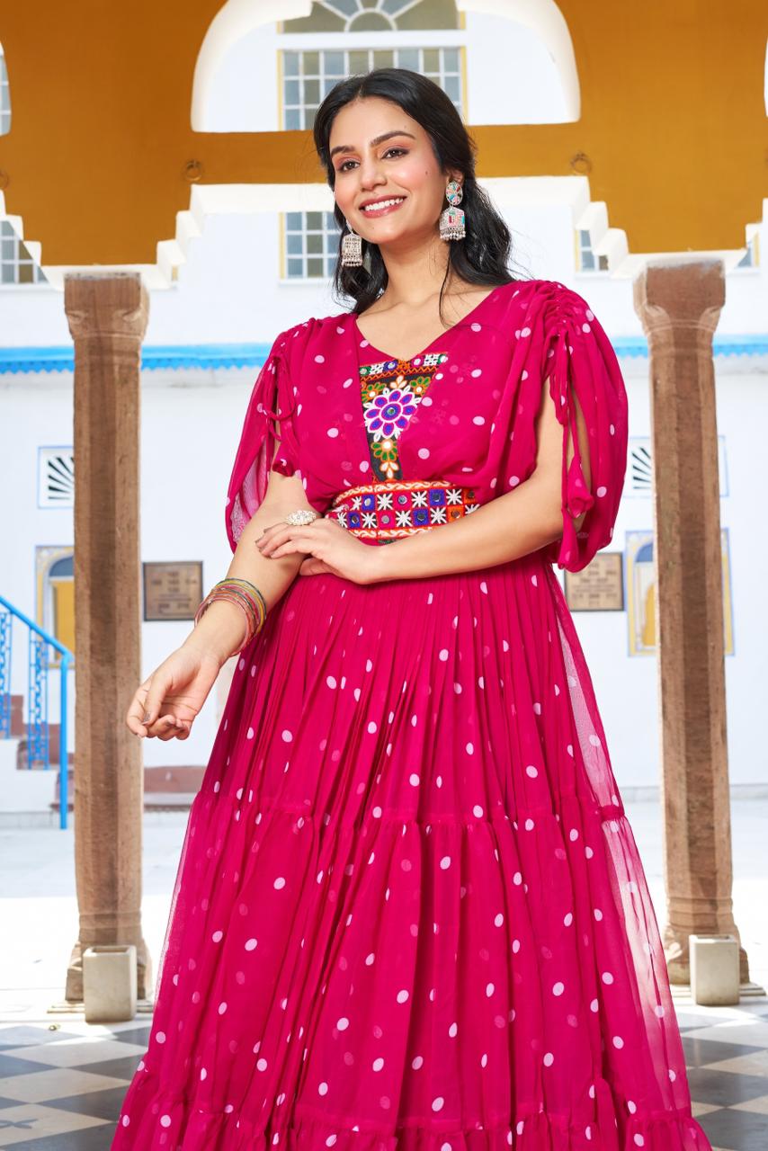Vibrant Pink Georgette Navratri Garba Lehenga Dress with Mirror Work & Embroidered Belt – Festive Ethnic Wear for Women