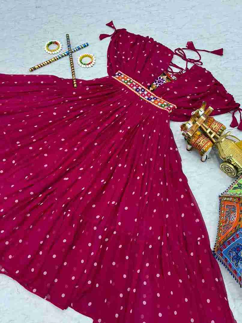 Vibrant Pink Georgette Navratri Garba Lehenga Dress with Mirror Work & Embroidered Belt – Festive Ethnic Wear for Women - Image 3