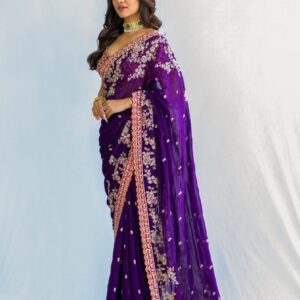 Designer Purple Georgette Saree with Heavy Zari Embroidery & Red Blouse – Wedding & Festive Wear