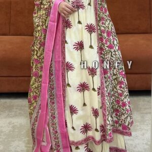 This A-line plazo set is perfect for the summer season with its vibrant floral print and confident  , the included matching dupatta completes the look and adds an extra touch of style.