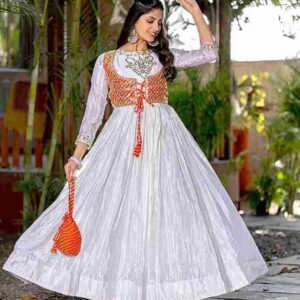 White Anarkali Dress with Orange Mirror Work Jacket – Ethnic Party Wear for Women