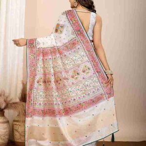 Elegant White Gujarati Patola Printed Saree with Rich Pallu & Tassel Detailing – Soft Silk Blend Traditional Wear for Women