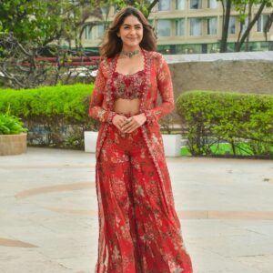 Trendy Red Floral Co-ord Set for Women – Designer Crop Top, Palazzo Pants  Weight : 1 kg Approx& Long Jacket | Party & Festive Wear