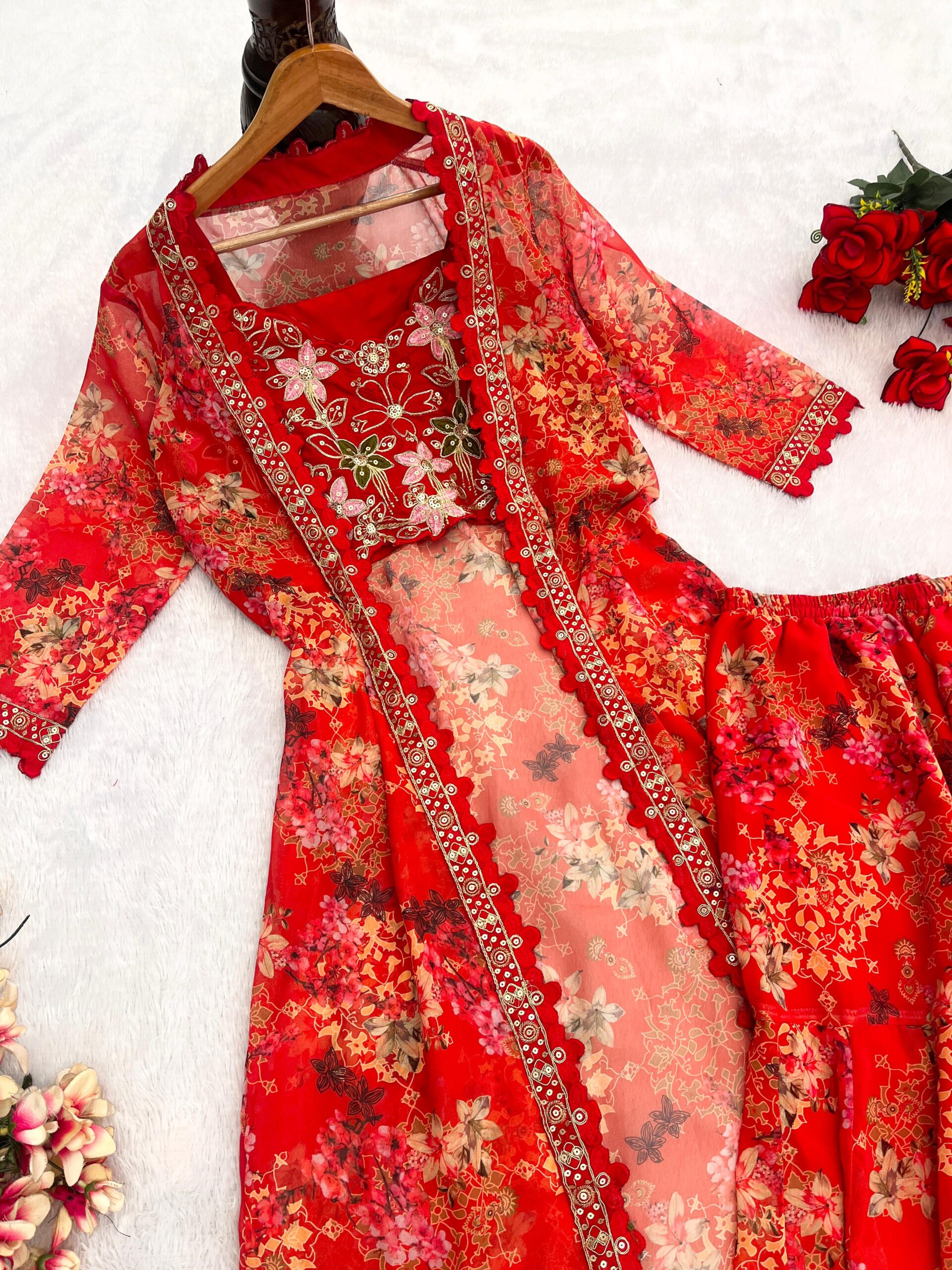 Trendy Red Floral Co-ord Set for Women – Designer Crop Top, Palazzo Pants Weight : 1 kg Approx& Long Jacket | Party & Festive Wear - Image 3