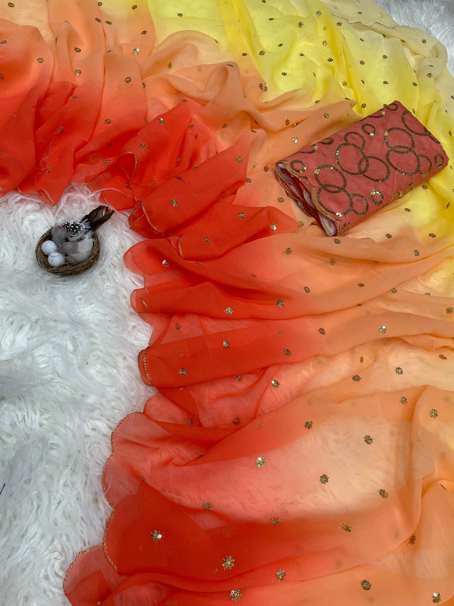 Soft crunchy saree with embroidery work with ston work saree wit cut work finishing