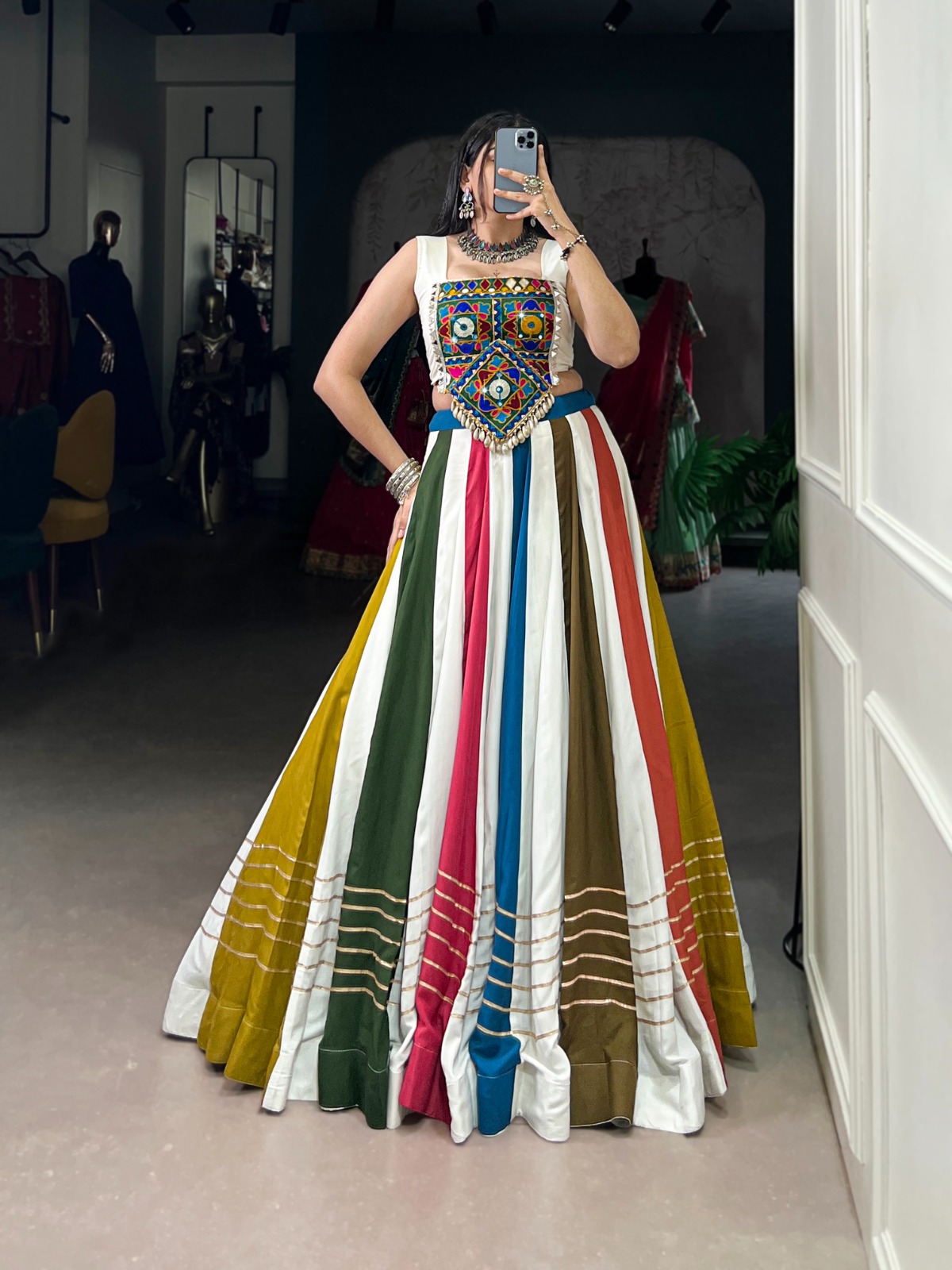 Multicolor Panelled Lehenga with Kutchi Embroidered Blouse – Designer Navratri & Festive Wear for Women