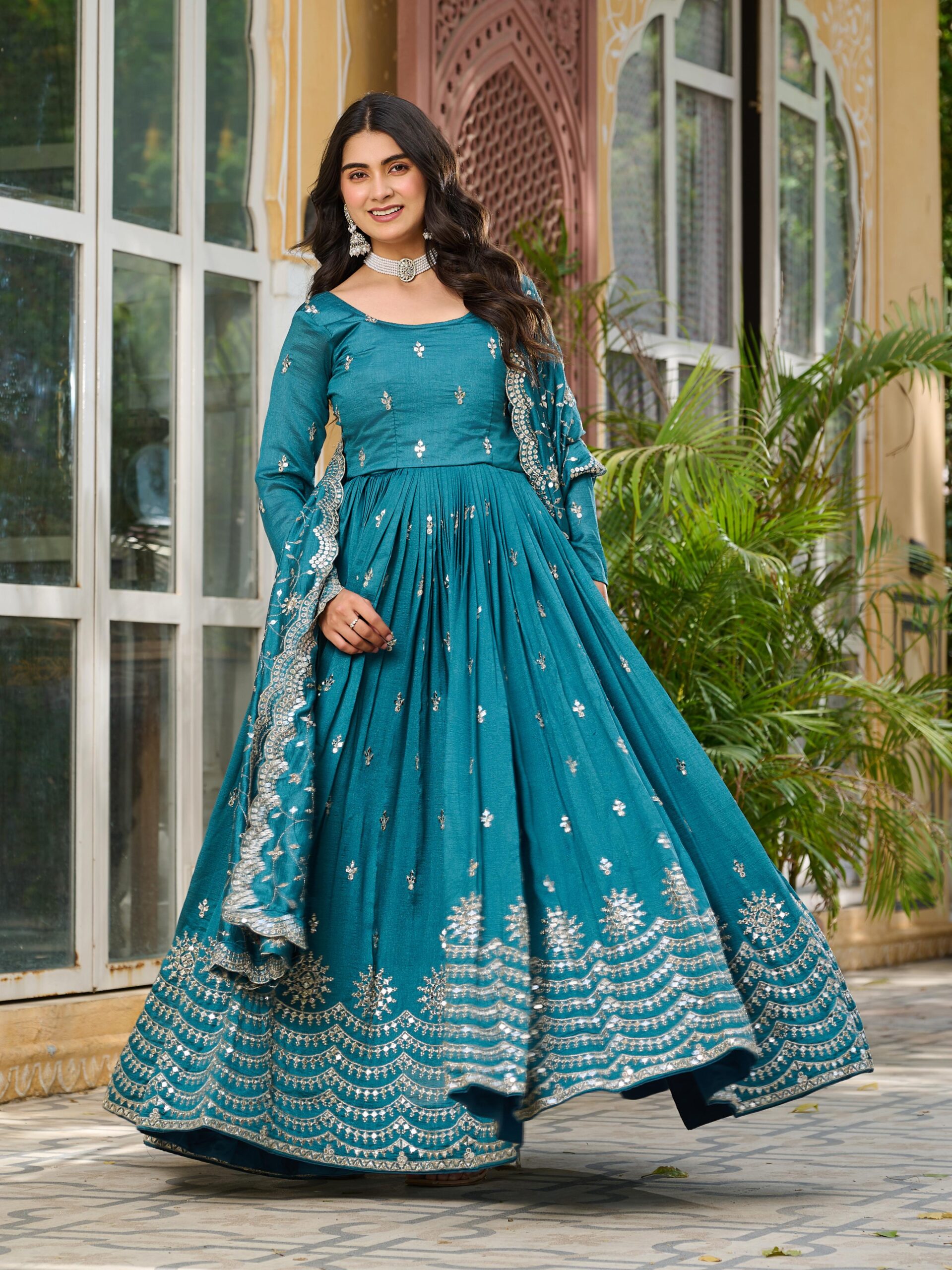pure Vichitra silk Anarkali kurta Heavy 3mm sequence Embroidery Work - Image 4