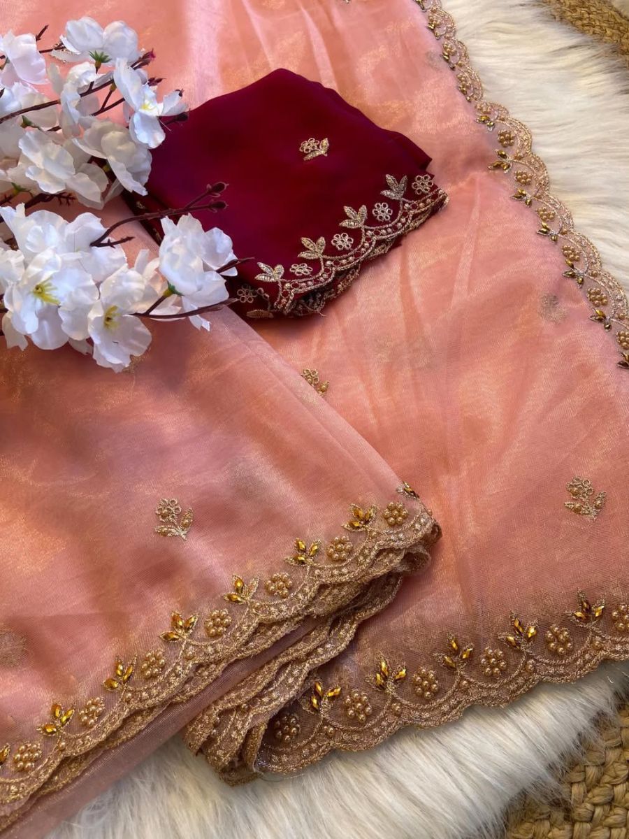 FABRIC : Pure soft twills oranga saree BLOUSE : rangoli heavy satin blouse With handwork - Image 2